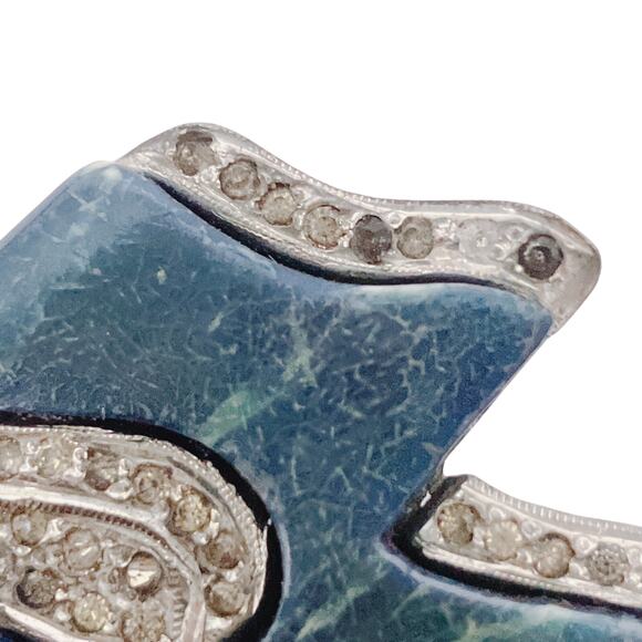 Vintage 1930s Art Deco Silver Tone Brooch w Rhinestones & Blue Galalith - Picture 5 of 14